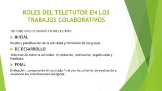 ROLES DEL TELETUTOR EN LOS
TRABAJOS COLABORATIVOS
TUS FUNCIONES SE DIVIDEN EN TRES ESTAPAS:
 INICIAL
Diseño y planificación de la actividad y formación de los grupos.
 DE DESARROLLO
Información sobre la actividad. Orientación, motivación, seguimiento y
feedback.
 FINAL
Evaluación, comparando el resultado final con los criterios de evaluación y
valorando las informaciones recogidas.
 