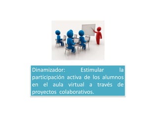 Dinamizador: Estimular la
participación activa de los alumnos
en el aula virtual a través de
proyectos colaborativos.