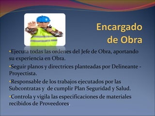 Ejecuta todas las ordenes del Jefe de Obra, aportando su experiencia en Obra. Seguir planos y directrices planteadas por Delineante -Proyectista. Responsable de los trabajos ejecutados por las Subcontratas y  de cumplir Plan Seguridad y Salud. Controla y vigila las especificaciones de materiales recibidos de Proveedores . 