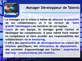 Manager Développeur de TalentsManager Développeur de Talents
● Le manager est le mieux à même de détecter le potentiel
de ses collaborateurs, et il lui revient de ''faire
grandir''(développer) les membres de son équipe.
● Coach de son équipe, le manager guide l'action et
développe les compétences. Il peut même faire monter
en compétence et faire accéder aux responsabilités des
collaborateurs via le mentoring.
● Il offre des opportunités de développement en créant des
missions spécifiques, des affectations de dépassement,
des occasions d'apprentissage par l'action : experiential
learning - crossfunctional job rotations.
 