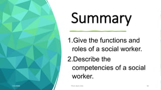 Summary
1.Give the functions and
roles of a social worker.
2.Describe the
competencies of a social
worker.
7/1/20XX Pitch deck title 30
 