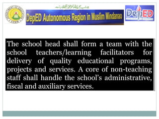 The school head shall form a team with the
school teachers/learning facilitators for
delivery of quality educational programs,
projects and services. A core of non-teaching
staff shall handle the school’s administrative,
fiscal and auxiliary services.
The school head shall form a team with the
school teachers/learning facilitators for
delivery of quality educational programs,
projects and services. A core of non-teaching
staff shall handle the school’s administrative,
fiscal and auxiliary services.
 