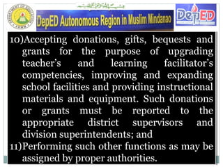 10)Accepting donations, gifts, bequests and
grants for the purpose of upgrading
teacher’s and learning facilitator’s
competencies, improving and expanding
school facilities and providing instructional
materials and equipment. Such donations
or grants must be reported to the
appropriate district supervisors and
division superintendents; and
11)Performing such other functions as may be
assigned by proper authorities.
10)Accepting donations, gifts, bequests and
grants for the purpose of upgrading
teacher’s and learning facilitator’s
competencies, improving and expanding
school facilities and providing instructional
materials and equipment. Such donations
or grants must be reported to the
appropriate district supervisors and
division superintendents; and
11)Performing such other functions as may be
assigned by proper authorities.
 