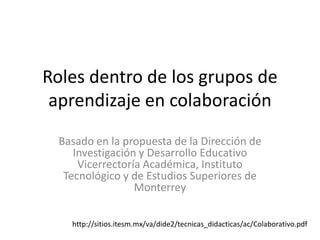Roles dentro de los grupos de
aprendizaje en colaboración
Basado en la propuesta de la Dirección de
Investigación y Desarrollo Educativo
Vicerrectoría Académica, Instituto
Tecnológico y de Estudios Superiores de
Monterrey
http://sitios.itesm.mx/va/dide2/tecnicas_didacticas/ac/Colaborativo.pdf
 
