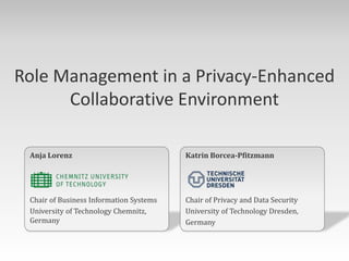 Role Management in a Privacy-Enhanced Collaborative Environment Anja Lorenz Chair of Business Information Systems University of Technology Chemnitz, Germany KatrinBorcea-Pfitzmann Chair of Privacy and Data Security University of Technology Dresden, Germany 