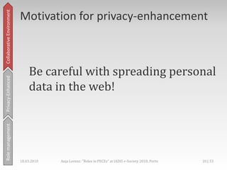 Collaborative Environment,[object Object],Privacy-Enhanced,[object Object],Motivation forprivacy-enhancement,[object Object],Things thatmay happen…,[object Object],Rolemanagement,[object Object],18.03.2010,[object Object],7 | 33,[object Object],Anja Lorenz: "Roles in PECEs" at IADIS e-Society 2010, Porto,[object Object]