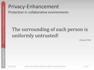 Collaborative Environment,[object Object],Privacy-Enhanced,[object Object],Rolemanagement,[object Object],Via http://thenextweb.com/2009/08/09/note-friend-boss-fb-bitch-job/,[object Object],Motivation forprivacy-enhancement,[object Object],18.03.2010,[object Object],8 | 33,[object Object],Anja Lorenz: "Roles in PECEs" at IADIS e-Society 2010, Porto,[object Object]