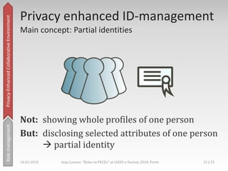 State-of-the-art,[object Object],Technical approaches for privacy-enhancement,[object Object],Pseudonymisation,[object Object],Encryption,[object Object],Anonymisation,[object Object],Privacy-Enhanced Collaborative Environment,[object Object],Well-provedforsender-recipientrelationships (e-Shops etc.),[object Object],But do not supportrequirementsforprivacyrespectingcollaborativeworking,[object Object],Rolemanagement,[object Object],18.03.2010,[object Object],12 | 33,[object Object],Anja Lorenz: "Roles in PECEs" at IADIS e-Society 2010, Porto,[object Object]