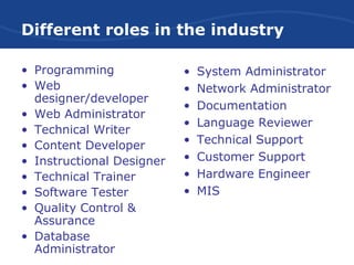 Software Industry Roles Roles in the industry | PPT