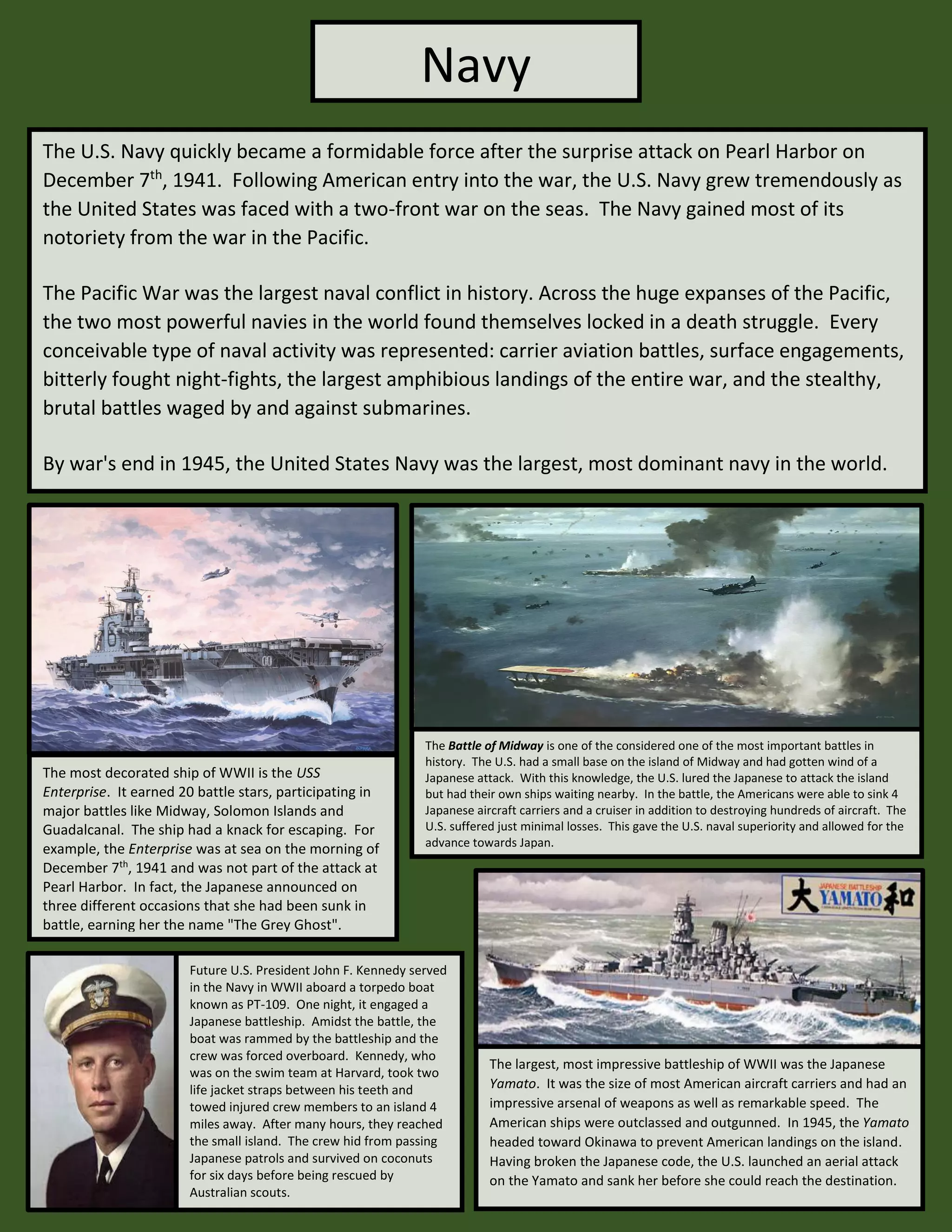 Navy
The U.S. Navy quickly became a formidable force after the surprise attack on Pearl Harbor on
December 7th
, 1941. Following American entry into the war, the U.S. Navy grew tremendously as
the United States was faced with a two-front war on the seas. The Navy gained most of its
notoriety from the war in the Pacific.
The Pacific War was the largest naval conflict in history. Across the huge expanses of the Pacific,
the two most powerful navies in the world found themselves locked in a death struggle. Every
conceivable type of naval activity was represented: carrier aviation battles, surface engagements,
bitterly fought night-fights, the largest amphibious landings of the entire war, and the stealthy,
brutal battles waged by and against submarines.
By war's end in 1945, the United States Navy was the largest, most dominant navy in the world.
The most decorated ship of WWII is the USS
Enterprise. It earned 20 battle stars, participating in
major battles like Midway, Solomon Islands and
Guadalcanal. The ship had a knack for escaping. For
example, the Enterprise was at sea on the morning of
December 7th
, 1941 and was not part of the attack at
Pearl Harbor. In fact, the Japanese announced on
three different occasions that she had been sunk in
battle, earning her the name "The Grey Ghost".
The largest, most impressive battleship of WWII was the Japanese
Yamato. It was the size of most American aircraft carriers and had an
impressive arsenal of weapons as well as remarkable speed. The
American ships were outclassed and outgunned. In 1945, the Yamato
headed toward Okinawa to prevent American landings on the island.
Having broken the Japanese code, the U.S. launched an aerial attack
on the Yamato and sank her before she could reach the destination.
The Battle of Midway is one of the considered one of the most important battles in
history. The U.S. had a small base on the island of Midway and had gotten wind of a
Japanese attack. With this knowledge, the U.S. lured the Japanese to attack the island
but had their own ships waiting nearby. In the battle, the Americans were able to sink 4
Japanese aircraft carriers and a cruiser in addition to destroying hundreds of aircraft. The
U.S. suffered just minimal losses. This gave the U.S. naval superiority and allowed for the
advance towards Japan.
Future U.S. President John F. Kennedy served
in the Navy in WWII aboard a torpedo boat
known as PT-109. One night, it engaged a
Japanese battleship. Amidst the battle, the
boat was rammed by the battleship and the
crew was forced overboard. Kennedy, who
was on the swim team at Harvard, took two
life jacket straps between his teeth and
towed injured crew members to an island 4
miles away. After many hours, they reached
the small island. The crew hid from passing
Japanese patrols and survived on coconuts
for six days before being rescued by
Australian scouts.
 