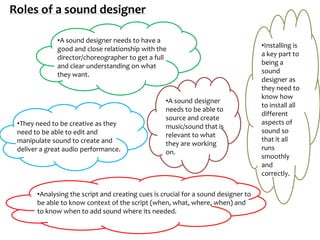 Roles of a sound designer
•A sound designer needs to have a
good and close relationship with the
director/choreographer to get a full
and clear understanding on what
they want.

•They need to be creative as they
need to be able to edit and
manipulate sound to create and
deliver a great audio performance.

•A sound designer
needs to be able to
source and create
music/sound that is
relevant to what
they are working
on.

•Analysing the script and creating cues is crucial for a sound designer to
be able to know context of the script (when, what, where, when) and
to know when to add sound where its needed.

•Installing is
a key part to
being a
sound
designer as
they need to
know how
to install all
different
aspects of
sound so
that it all
runs
smoothly
and
correctly.

 
