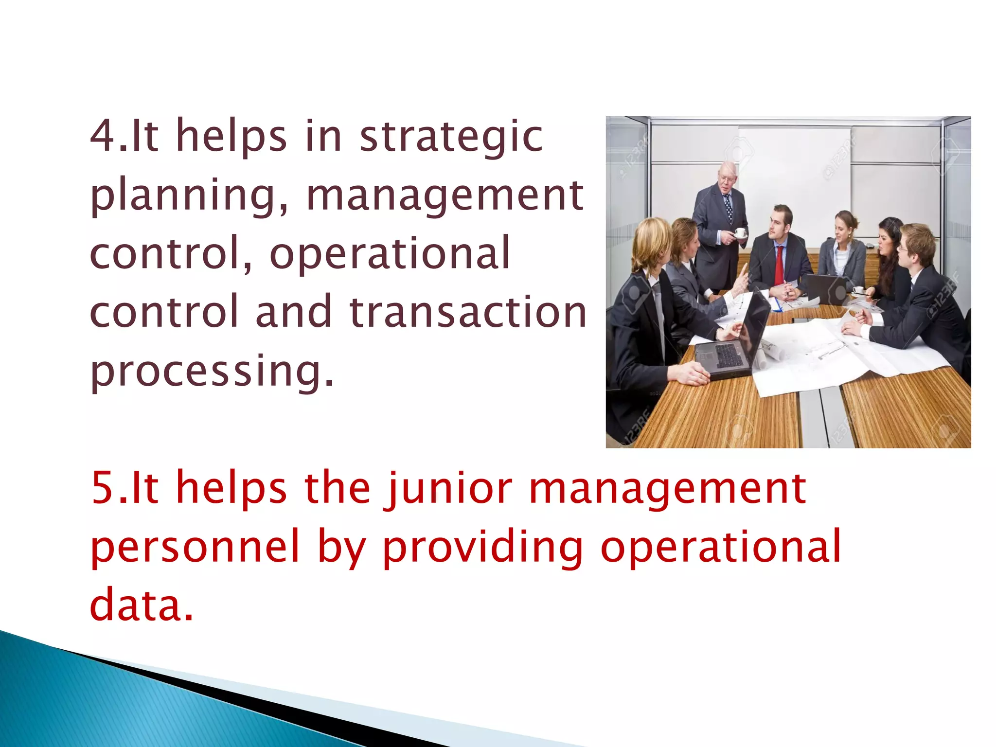 4.It helps in strategic
planning, management
control, operational
control and transaction
processing.
5.It helps the junior management
personnel by providing operational
data.