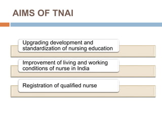 AIMS OF TNAI
Upgrading development and
standardization of nursing education
Improvement of living and working
conditions o...