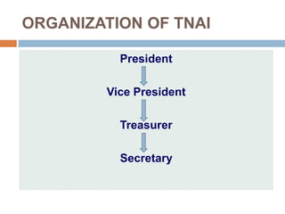 ORGANIZATION OF TNAI
President
Vice President
Treasurer
Secretary
 