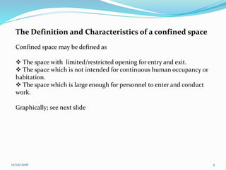 01/02/2016 5
The Definition and Characteristics of a confined space
Confined space may be defined as
 The space with limited/restricted opening for entry and exit.
 The space which is not intended for continuous human occupancy or
habitation.
 The space which is large enough for personnel to enter and conduct
work.
Graphically; see next slide
 