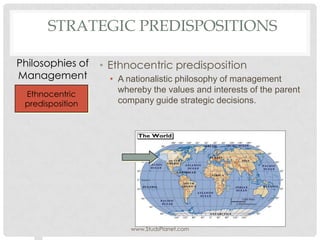 STRATEGIC PREDISPOSITIONS
• Ethnocentric predisposition
• A nationalistic philosophy of management
whereby the values and interests of the parent
company guide strategic decisions.
www.StudsPlanet.com
Philosophies of
Management
Ethnocentric
predisposition
 