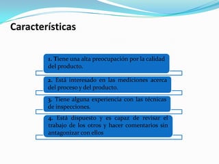 Gestor de Calidad/ProcesoObjetivo    Propone un plan de calidad tanto para el proceso como para el producto.ResponsabilidadDetermina necesidades en el proceso de calidad, mantiene y sigue la calidad del producto