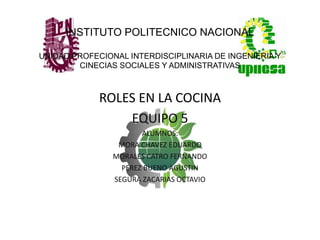 INSTITUTO POLITECNICO NACIONAL
UNIDAD PROFECIONAL INTERDISCIPLINARIA DE INGENIERIA Y
CINECIAS SOCIALES Y ADMINISTRATIVAS
ROLES EN LA COCINA
EQUIPO 5
ALUMNOS:
MORA CHAVEZ EDUARDO
MORALES CATRO FERNANDO
PEREZ BUENO AGUSTIN
SEGURA ZACARIAS OCTAVIO
 