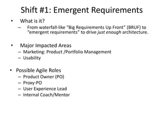 Shift #1: Emergent Requirements
• What is it?
– From waterfall-like “Big Requirements Up Front” (BRUF) to
“emergent requirements” to drive just enough architecture.
• Major Impacted Areas
– Marketing: Product /Portfolio Management
– Usability
• Possible Agile Roles
– Product Owner (PO)
– Proxy-PO
– User Experience Lead
– Internal Coach/Mentor
 