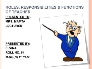 ROLES, RESPONSIBILITIES & FUNCTIONS
OF TEACHER
PRESENTED TO:-
MRS. MAMTA
LECTURER
PRESENTED BY:-
ELVINA
ROLL NO. 04
M.Sc.(N) 1st Year
 