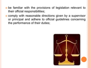  be familiar with the provisions of legislation relevant to
their official responsibilities;
 comply with reasonable directions given by a supervisor
or principal and adhere to official guidelines concerning
the performance of their duties;
 
