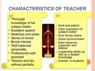 CHARACTERISTICS OF TEACHER
 Kind and patient
 Clear exposition of
subject matter
 Ever loving nature
 Good communicator
 Keen observer,
supporter and
listener
 Leadership ability as
well as a deeper
knowledge
 Interest in students
• Thorough
knowledge of her
subject matter
• Excellent speech
• Neatness and poise
• Sense of humor
• Broad interest
• Well balanced
personality
• Professional well-
groomed
• Tolerant and fair,
without partiality
 