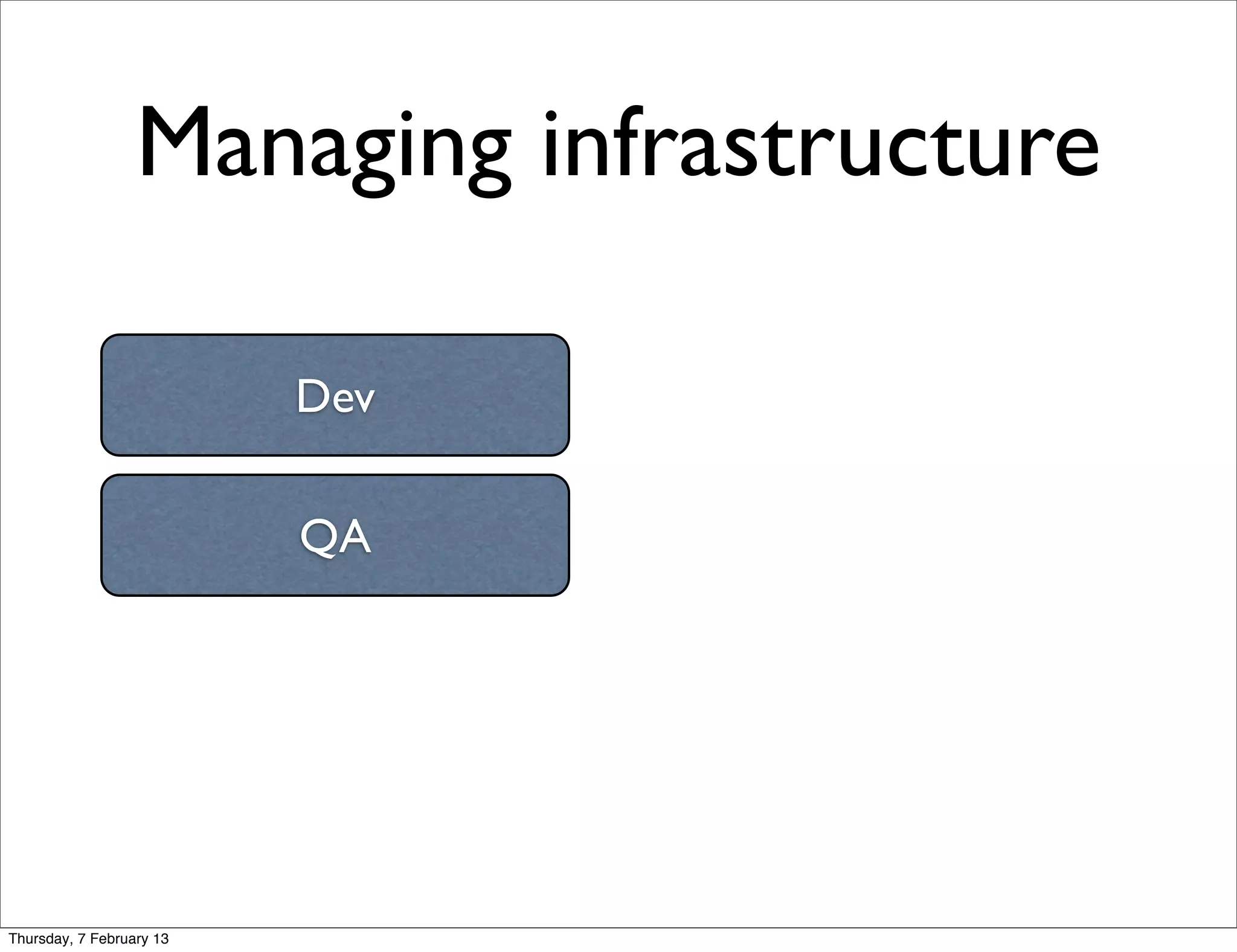 Managing infrastructure

                          Dev

                          QA




Thursday, 7 February 13
 