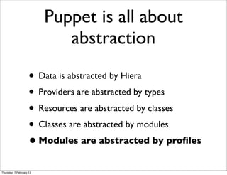 Puppet is all about
                             abstraction
                     • Data is abstracted by Hiera
          ...