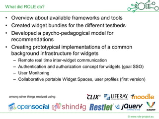 What did ROLE do?

• Overview about available frameworks and tools
• Created widget bundles for the different testbeds
• Developed a psycho-pedagogical model for
  recommendations
• Creating prototypical implementations of a common
  background infrastructure for widgets
    –   Remote real time inter-widget communication
    –   Authentication and authorization concept for widgets (goal SSO)
    –   User Monitoring
    –   Collaborative portable Widget Spaces, user profiles (first version)


 among other things realized using:




                                                                 © www.role-project.eu
 