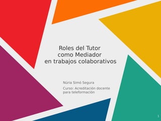 1
Roles del Tutor
como Mediador
en trabajos colaborativos
Núria Simó Segura
Curso: Acreditación docente
para teleformación
 