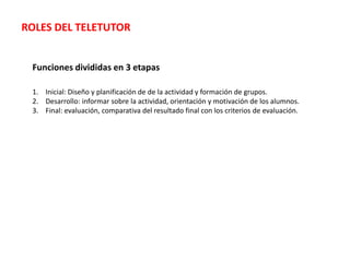 Funciones divididas en 3 etapas
1. Inicial: Diseño y planificación de de la actividad y formación de grupos.
2. Desarrollo: informar sobre la actividad, orientación y motivación de los alumnos.
3. Final: evaluación, comparativa del resultado final con los criterios de evaluación.
ROLES DEL TELETUTOR
 