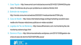 1. Caso Toyota - http://www.emol.com/noticias/economia/2014/02/12/644403/toyota-retira- 
19-millones-de-prius-por-problema-en-sistema-hibrido.html 
2. Extinción de manglares - 
http://revista.consumer.es/web/es/20030201/medioambiente/57094.php 
3. Caso de Nestlé - http://www.internetadvantage.es/blog/marketing-social/el-caso-nestle- 
otro-fracaso-relaciones-publicas-en-redes-sociales/ 
4. Logotipo de Tec de Monterrey -http://www.elfinanciero.com.mx/monterrey/tec-de-monterrey- 
estrena-logo.html 
5. Domino’s Pizza - http://dircomsocialmedia.wordpress.com/2010/10/08/gestion-de-crisis- 
el-caso-de-domino%E2%80%99s-pizza/ 
 