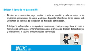 Cutlip, Center y Broom / Manual de RRPP eficaces 
Existen 4 tipos de rol para un RP: 
1. Técnico en comunicación, cuya función consiste en escribir y redactar cartas a los 
empleados, comunicados de prensa y crónicas, desarrollar el contenido de las páginas web 
y tratar con las personas de contacto en los medios de comunicación. 
Este tipo de profesional es el encargado de implementar y realizar el conjunto de acciones y 
herramientas planificadas, sin tener competencia en el proceso de dirección de los objetivos 
y en ocasiones, ni siquiera en las finalidades perseguidas 
 