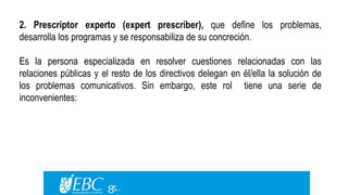 2. Prescriptor experto (expert prescriber), que define los problemas, 
desarrolla los programas y se responsabiliza de su concreción. 
Es la persona especializada en resolver cuestiones relacionadas con las 
relaciones públicas y el resto de los directivos delegan en él/ella la solución de 
los problemas comunicativos. Sin embargo, este rol tiene una serie de 
inconvenientes: 
 
