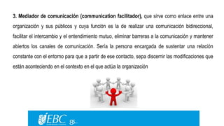 3. Mediador de comunicación (communication facilitador), que sirve como enlace entre una 
organización y sus públicos y cuya función es la de realizar una comunicación bidireccional, 
facilitar el intercambio y el entendimiento mutuo, eliminar barreras a la comunicación y mantener 
abiertos los canales de comunicación. Sería la persona encargada de sustentar una relación 
constante con el entorno para que a partir de ese contacto, sepa discernir las modificaciones que 
están aconteciendo en el contexto en el que actúa la organización 
 