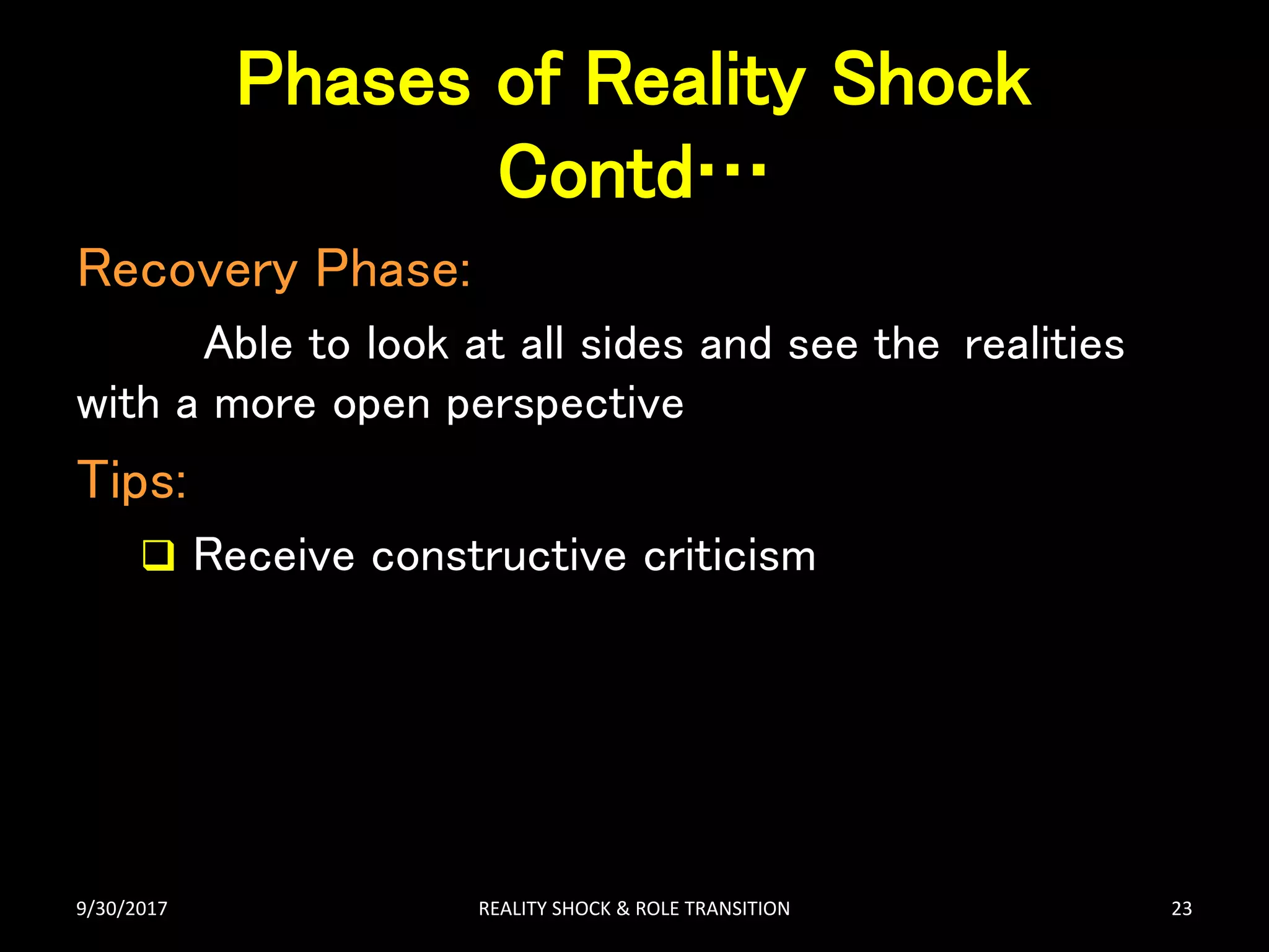 Phases of Reality Shock
Contd…
Recovery Phase:
Able to look at all sides and see the realities
with a more open perspective
Tips:
 Receive constructive criticism
9/30/2017 REALITY SHOCK & ROLE TRANSITION 23
 