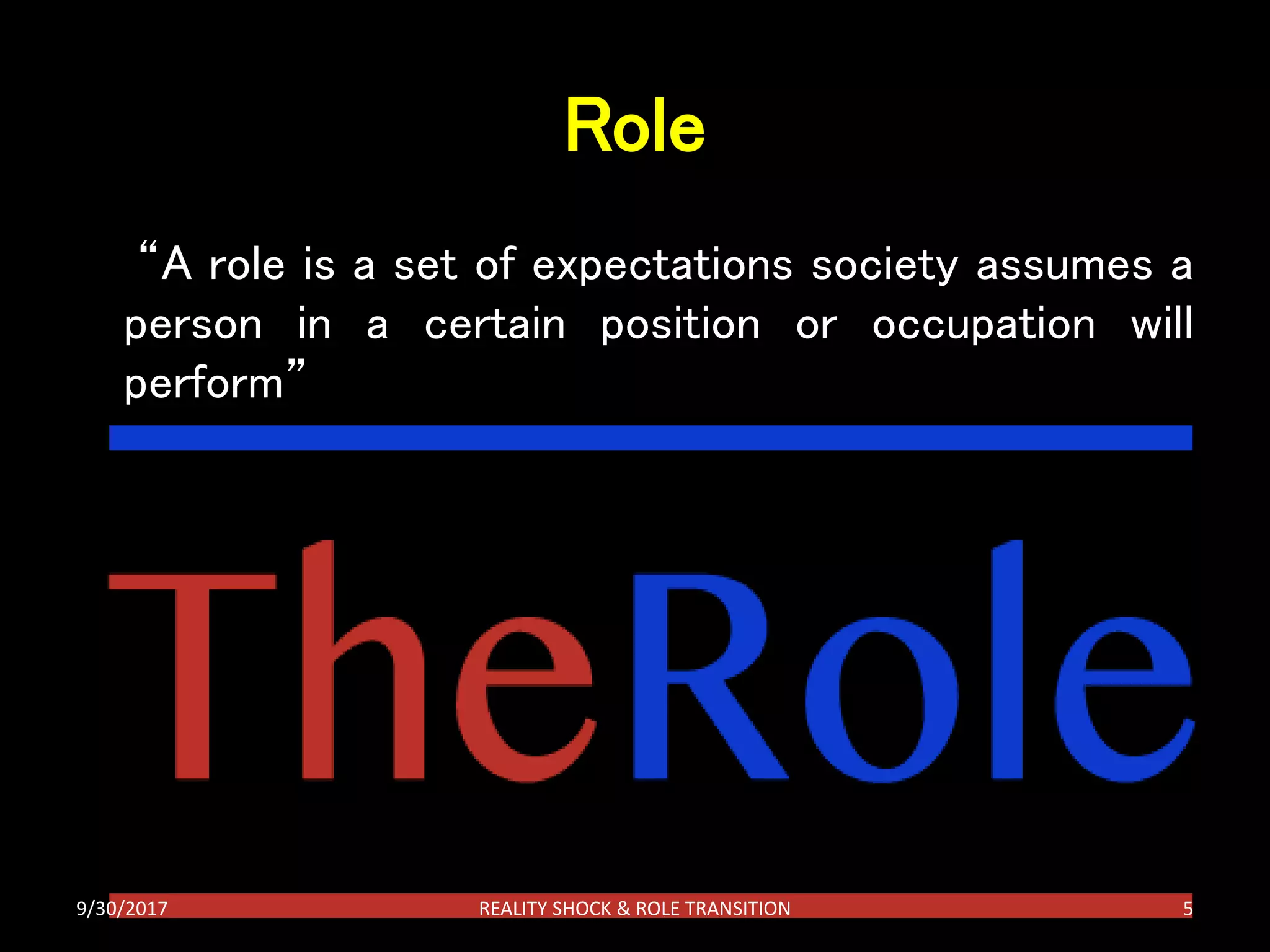 Role
“A role is a set of expectations society assumes a
person in a certain position or occupation will
perform”
9/30/2017 REALITY SHOCK & ROLE TRANSITION 5
 