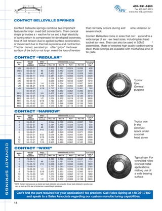 09RolexCatalogR3                  9/4/09         11:30 AM          Page 18




                                                                                                                                                                    410-391-7400
                                                                                                                                                                     Fax 410-687-9223
                                                                                                                                                                 www.mw-ind.com/rolex



                     CONTACT BELLEVILLE SPRINGS

                     Contact Belleville springs combine two important                                                       that normally occurs during extr      eme vibration or
                     features for impr oved bolt connections. Their conical                                                 severe shock.
                     shape pr ovides a r eactive for ce and a high elasticity
                                                                                                                            Contact Bellevilles come in sizes that corr espond to a
                     of spring return to compensate for developed looseness,
                                                                                                                            wide range of scr ew head sizes, including hex head
                     loss of bolt tension due to applied surface deterioration,
                                                                                                                            socket scr ews. They can also be used in SEMS            ®
                     or movement due to thermal expansion and contraction.
                                                                                                                            assemblies. Made of selected high quality carbon spring
                     The har dened, serrated pr ofile “grips” the lower
                                                                                                                            steel, these springs are available with mechanical zinc or
                     surface of the bolt or nut to pr event the loss of tension
                                                                                                                            tin plate.

                     CONTACT “REGULAR”
                                        ROLEX             BOLT                     DIMENSIONS (Inches)                      Calculated
                        Metric                         DIAMETER
                         No.             PART                                                                                Load @
                                       NUMBER           (Inches)      Max. OD        Min. ID        Ref. t      Ref. OH        Flat*

                        M3            65-03-11              -          0.315        0.122         0.024         0.039           400
                        M3.5          65-02-52             #6          0.362        0.142         0.028         0.047           590
                        M4            65-04-11             #8          0.402        0.161         0.039         0.059          1480
                        M5            65-05-11            #10          0.481        0.201         0.050         0.073          2420
                        M6            65-06-12              -          0.559        0.240         0.052         0.087          3350
                        M6            65-06-15              -          0.559        0.240         0.043         0.067          1210                                  Typical
                        M6            65-06-35             1/4         0.559        0.254         0.052         0.087          3450                                  Use:
                        M8            65-08-21            5/16         0.717        0.323         0.055         0.095          2680                                  General
                        M8            65-08-23            5/16         0.717        0.323         0.035         0.081           760
                         -            65-09-21              -          0.798        0.362         0.062         0.095          3540                                  purpose
                        M10           65-10-22             3/8         0.877        0.402         0.062         0.108          3010
                        M12           65-12-01            7/16         1.074        0.489         0.078         0.120          3510
                        M12           65-12-71             1/2         1.074        0.512         0.078         0.120          3600
                        M14           65-14-42            9/16         1.192        0.567         0.098         0.138          5350
                        M15           65-16-42             5/8         1.273        0.646         0.098         0.156          7460
                        M20           65-20-02             3/4         1.570        0.781         0.118         0.185          9000

                     CONTACT “NARROW”
                                        ROLEX             BOLT                     DIMENSIONS (Inches)                      Calculated
                        Metric                         DIAMETER
                         No.             PART                                                                                Load @
                                       NUMBER           (Inches)      Max. OD        Min. ID        Ref. t      Ref. OH        Flat*

                           3          55-03-01              -          0.244        0.122         0.024         0.037           700                                  Typical use:
                           3          55-03-51             #6          0.284        0.140         0.028         0.043           930                                  In the
                           4          55-04-01             #8          0.323        0.162         0.032         0.045           900                                  confined
                           5          55-05-01            #10          0.402        0.201         0.039         0.059          1700
                           6          55-06-01              -          0.481        0.240         0.050         0.071          2500                                  space under
                           -          55-07-21            9/32         0.559        0.284         0.055         0.081          3200                                  a socket
                           8          55-08-01            5/16         0.638        0.323         0.055         0.095          3800                                  head screw
                          10          55-10-21             3/8         0.798        0.402         0.062         0.095          2700
                          12          55-12-41            7/16         0.955        0.489         0.062         0.102          2300
   CONTACT SPRINGS




                     CONTACT “WIDE”
                                        ROLEX             BOLT                     DIMENSIONS (Inches)                      Calculated
                        Metric                         DIAMETER
                         No.             PART                                                                                Load @
                                       NUMBER           (Inches)      Max. OD        Min. ID        Ref. t      Ref. OH        Flat*

                           3          75-03-12              -          0.402        0.122         0.024         0.047           360
                                                                                                                                                                      Typical use: For
                           4          75-04-12             #8          0.559        0.161         0.039         0.071          1120                                   oversized holes
                           5          75-05-12            #10          0.638        0.201         0.050         0.085          1820                                   in sheet metal
                           6          75-06-14              -          0.717        0.240         0.055         0.100          2780                                   applications,
                           6          75-06-36             1/4         0.717        0.254         0.055         0.100          2810
                           8          75-08-22            5/16         0.877        0.323         0.055         0.095          1610                                   making use of
                          10          75-10-23            3/8          1.074        0.402         0.062         0.112          1980                                   a wide bearing
                          12          75-12-32              -          1.273        0.488         0.069         0.138          2780                                   surface
                          12          75-12-72            1/2          1.273        0.512         0.069         0.138          2820

                     * NOTE: Contact tolerances are as sta ted and loads indicated are computed. Actual loads obtained in practice can
                       vary as much as 25% due to fluctua tion in overall height tolerances.


                        Can’t find the part required for your application? No problem! Call Rolex Spring at 410-391-7400
                                and speak to a Sales Associate regarding our custom manufacturing capabilities.

                     18
 