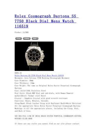 Rolex cosmograph daytona ss 7750 black dial mens watch 116519
