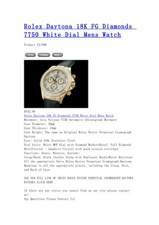 Rolex daytona 18 k fg diamonds 7750 white dial mens watch
