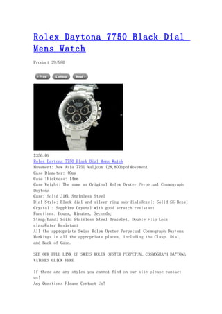Rolex daytona 7750 black dial mens watch