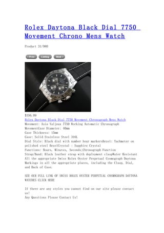 Rolex daytona black dial 7750 movement chrono mens watch