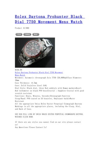 Rolex daytona prohunter black dial 7750 movement mens watch