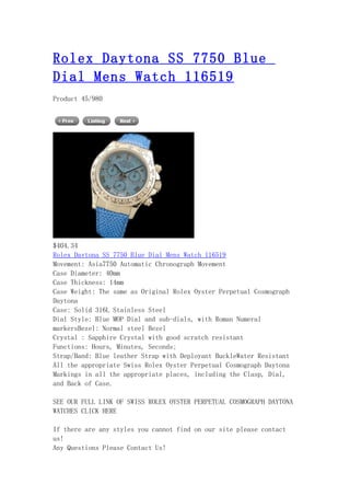 Rolex daytona ss 7750 blue dial mens watch 116519