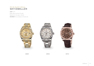 The Sky-Dweller Collection
sky-dweller
CASE 42 mm
White, yellow or Everose 18 ct gold
Waterproof to 100 metres / 330 feet
MOVEMENT 24-hour display on off-centre disc
326938 326939 326135
16Collection
 
