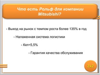 - Выход на рынок с темпом роста более 135% в год - Налаженная система логистики - Ккп=5,5% - Гарантия качества обслуживания Раздел 1 Раздел 4 Раздел 3 Что есть Рольф для компании  Mitsubishi ?  