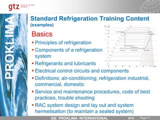 Training Driven by RAC Business Needs (some important examples)To comply with laws, regulations and standards that force changes in the sectorsTo improve demand on installation, service and maintenance quality in order to reduce costs (refrigerant, replacement parts, number of call-outs) and to maintain best possible system energy efficiency To meet increasingly sophisticated requirements from the sectors (AC, food processing, retail, construction...)      To compete with local & international competition To find employment and to optimise career path