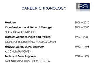 Career ChronologyPresident 	2008 – 2010Vice-President and General Manager	2000 – 2008SILON Compounds Ltd.Product Manager, Pipes and Profiles	1993 – 2000CONSTAB Engineering Plastics GmbHProduct Manager, PA and POM	1992 – 1993A. Schulman GmbHTechnical Sales Engineer	1990 – 1992LATI IndustriaTermoplasticiS.p.A.