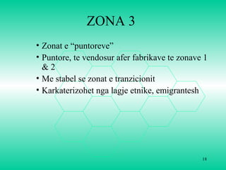 ZONA 3
• Zonat e “puntoreve”
• Puntore, te vendosur afer fabrikave te zonave 1
& 2
• Me stabel se zonat e tranzicionit
• Karkaterizohet nga lagje etnike, emigrantesh
18
 