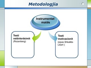 Metodologjia
Testi
vetëvlerësimit
(Rozenberg)
Instrumentat
matës
Testi
motivacionit
(sipas Shkallës
Likert )
 